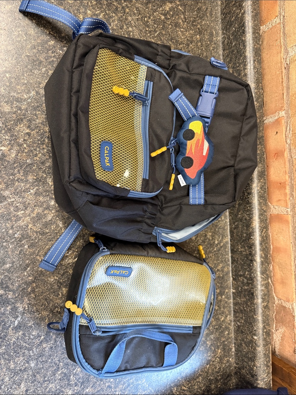 Calpak Black, Blue & Yellow Kids Backpack with Matching Lunch Bag